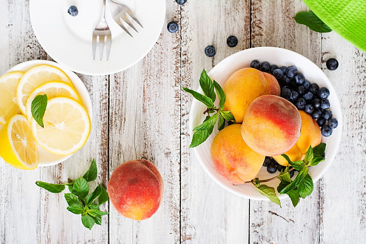 Fruits, Fruit, Berry, Blueberry, Lemon, Peach, Still Life, HD wallpaper