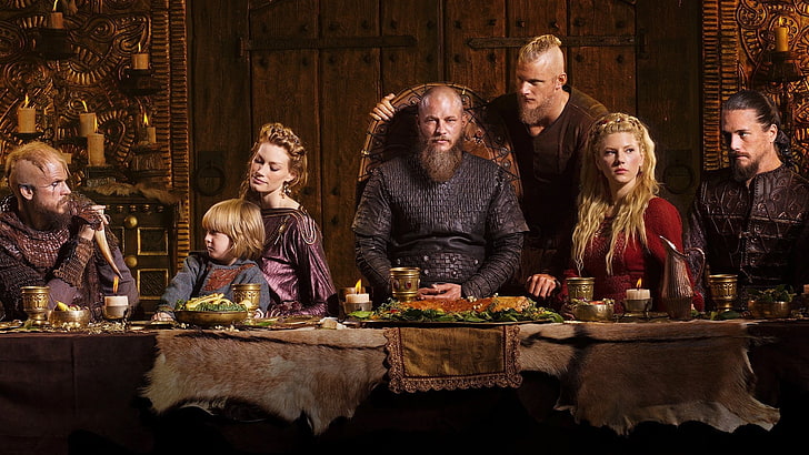 седем героя от Game of Thrones, Vikings, Ragnar Lodbrok, Lagertha Lothbrok, Floki, Vikings (телевизионен сериал), жени, блондинки, мъже, бради, плитки, група хора, Katheryn Winnick, Travis Fimmel, HD тапет