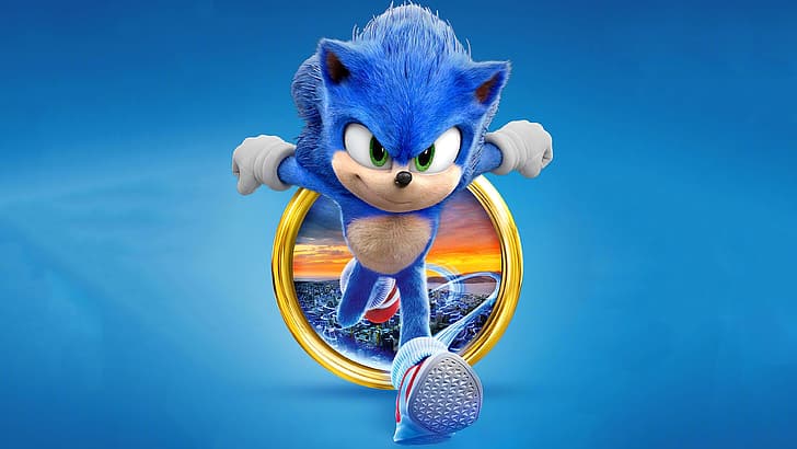 Sonic, Sonic 2 The Movie, Sonic the Hedgehog, постер фильма, персонажи фильмов, Sega, Paramount, Sonic The Movie, сцены из фильмов, простой фон, HD обои