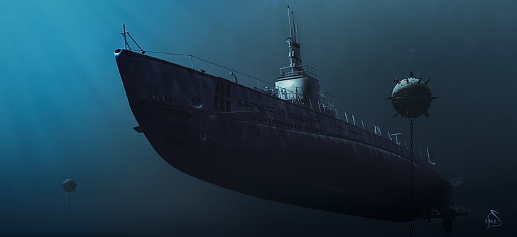 серая подводная лодка, рисунок, арт, подводная лодка, мины, HD обои