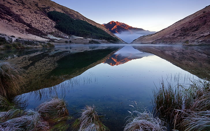 пейзаж, отражение, горы, озеро, озеро Киркпатрик, Новая Зеландия, HD обои