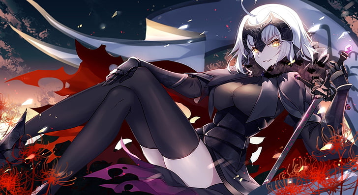 Fate/Grand Order, Fate Series, Jeanne d'arc alter, Jeanne d'Arc, thigh-highs, white hair, sword, weapon, headdress, red flowers, yellow eyes, HD wallpaper
