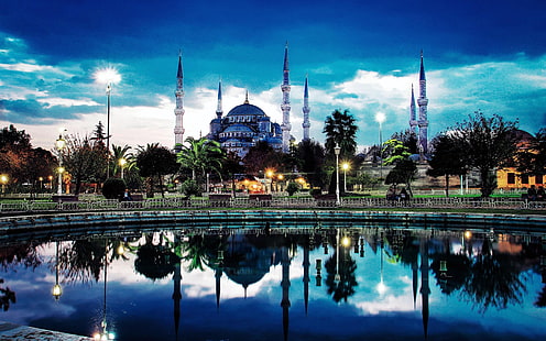 Blue Mosque, Turkey, Turkey, Islamic architecture, reflection, Sultan Ahmed Mosque, Istanbul, mosque, HD wallpaper HD wallpaper