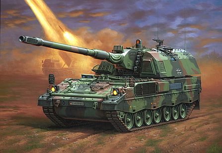 grön tank digital tapet, figur, Tyskland, SAU, Enzo Maio, Bundeswehr, självgående artilleri, PzH 2000, Panzer haubits 2000, pansar haubits, HD tapet HD wallpaper