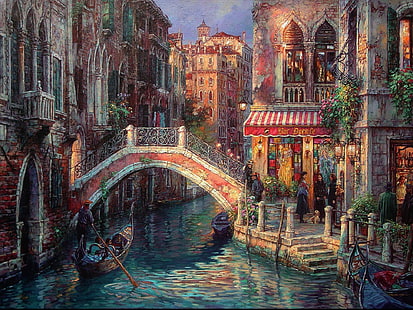 The Grand Canal of Venice painting, bridge, people, street, home, picture, Italy, Venice, channel, steps, gondola, balconies, Cao Yong, HD wallpaper HD wallpaper