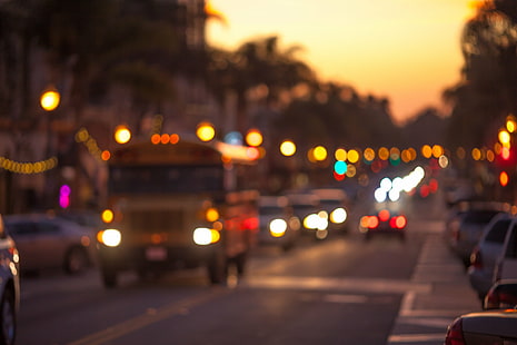 bokeh photography of cars on road, bokeh, photography, cars, on road, California, USA, United States of America, Ventura County, school bus, sunset, night, defocused, traffic, street, car, abstract, urban Scene, blurred Motion, backgrounds, highway, transportation, HD wallpaper HD wallpaper