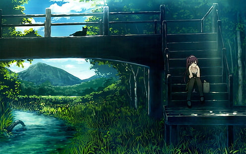 шатенка женский аниме персонаж, аниме, пейзаж, Senjougahara Hitagi, Monogatari Series, кошка, аниме девушки, HD обои HD wallpaper
