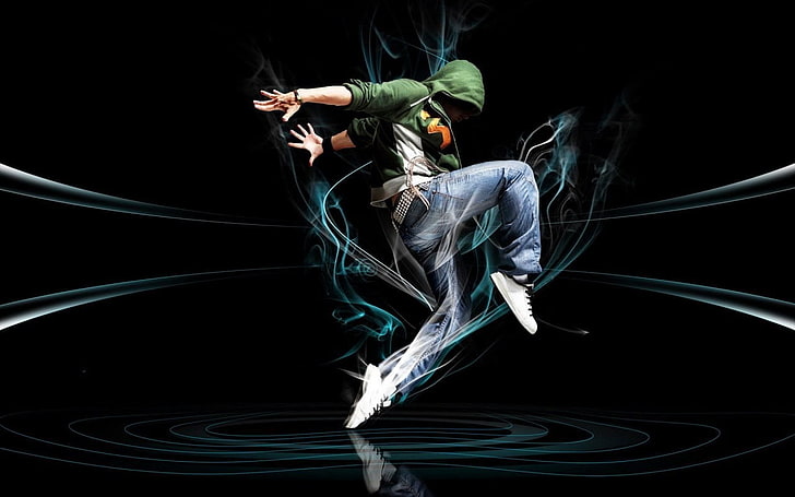 fondo de pantalla digital hombre bailando, hombres, baile, arte digital, formas, líneas, fondo simple, fondo negro, capuchas, Fondo de pantalla HD