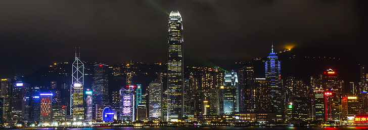 黒と緑のコンピューターのマザーボード、夜、都市景観、香港、 HDデスクトップの壁紙