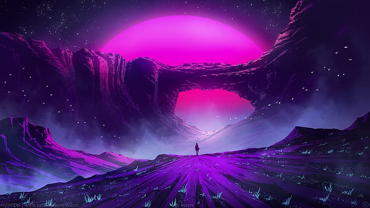 digital, bright, night, stars, field, purple background, HD wallpaper