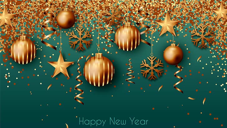 stars, decoration, background, gold, Christmas, New year, golden, happy, balls, luxury, Golden balls, sparkling, HD wallpaper