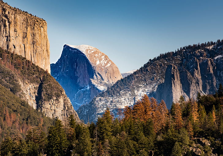 green pine trees and mountains during daytime, Half Dome, green pine, pine trees, daytime, AF, S 70, 70-200mm, f/2, 8G, VR, California, D810, Landscape, National Park, Nature, Nikkor, Nikon, Outdoors, Sierra Nevada, Yosemite, mountain peak, outdoor, mountain, scenics, rock - Object, uSA, HD wallpaper