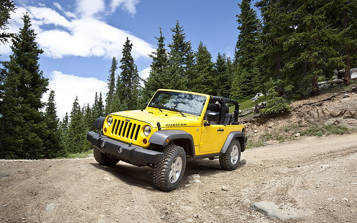 жълт Jeep Wrangler Rubicon, път, жълт, джип, серпентин, Jeep Wrangler 2011, HD тапет