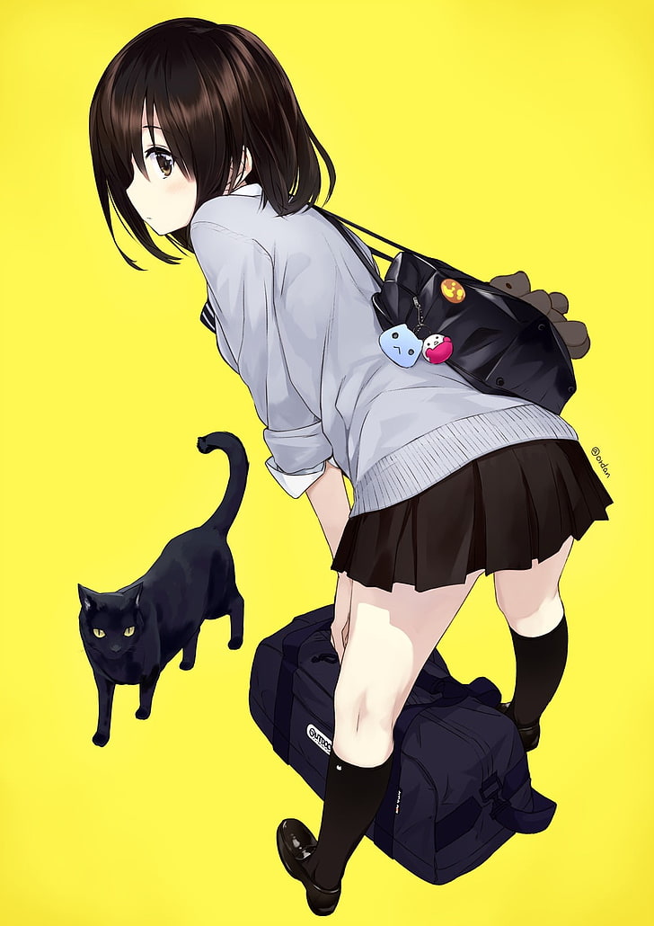 чернокосо момиче аниме герой и тапет котка, аниме момичета, дупе, котка, HD тапет, тапет за телефон