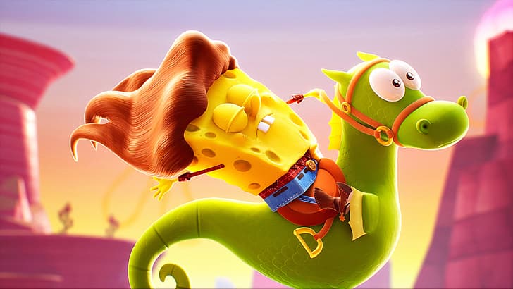 SpongeBob SquarePants: The Cosmic Shake, SpongeBob SquarePants, THQ Nordic, Purple Lamp Studios, bob esponja, caballitos de mar, 4K, arte de videojuegos, Fondo de pantalla HD