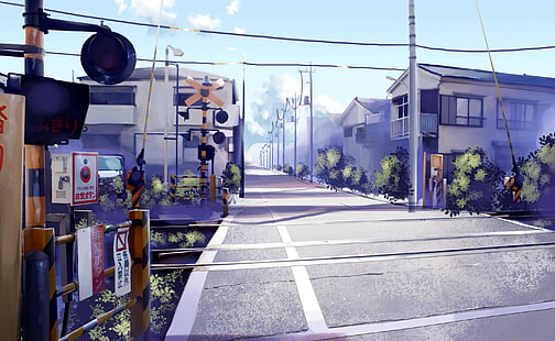 Японски железопътен прелез, анимирани улични тапети, Художествен, Аниме, Япония, Пресичане, Железопътна линия, HD тапет HD wallpaper