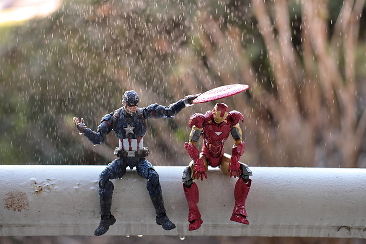 Captain America and Iron Man action figures, Captain America, Iron Man, toys, humor, 500px, Pete Tapang, Friends, HD wallpaper