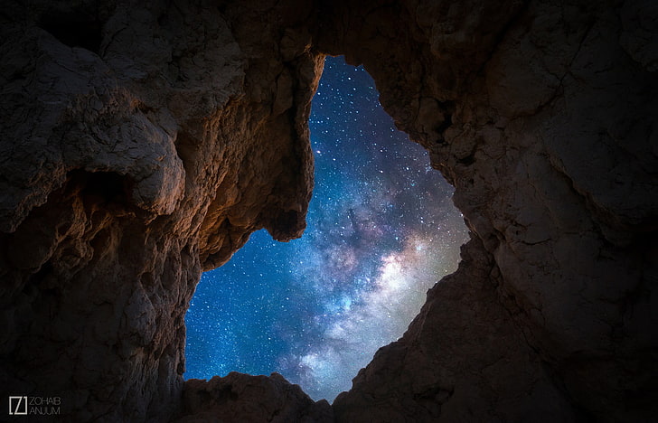 gray rock formation, cave, landscape, rocks, sky, night, stars, Milky Way, galaxy, Zohab Anjum, HD wallpaper
