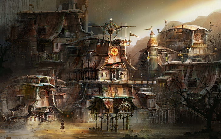 mountains, home, buildings, piling up, steam punk town concept, HD wallpaper