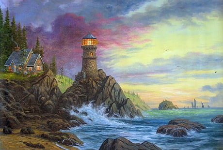 Thomas Kinkade, lighthouse painting decor, lighthouse, evening, rock, sunset, house, ocean, kinkade, wavesthomas kinkade, painting, 3d and ab, HD wallpaper HD wallpaper