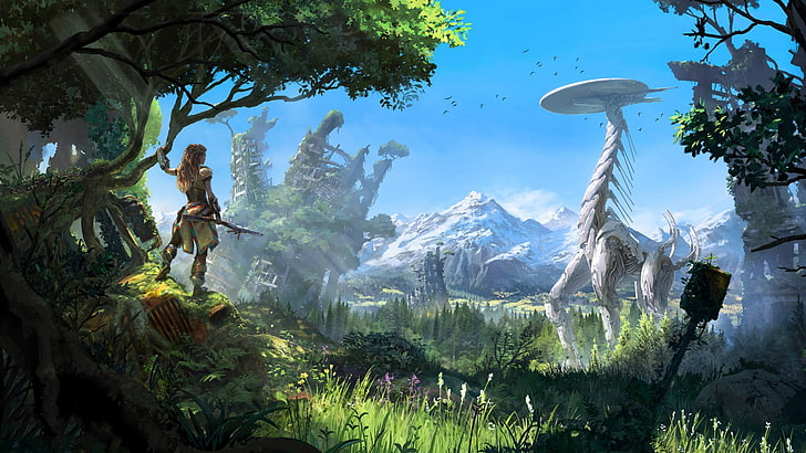 تطبيق لعبة خلفية رقمية لمشهد الخيال العلمي ، بدون عنوان ، Horizon: Zero Dawn ، PlayStation 4 ، ألعاب الفيديو ، الغابة ، المناظر الطبيعية ، الروبوت ، السماء ، المستقبل ، Aloy (Horizon: Zero Dawn)، خلفية HD