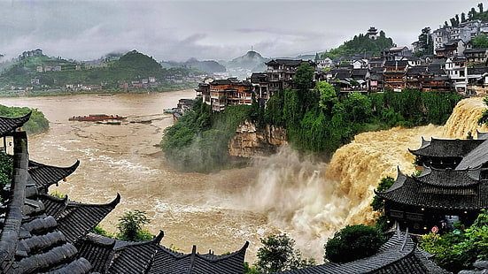 ville, cascade, Yongshun, Xiangxi, Hunan, Chine, Asie, Furongzhen, inondation, ville ancienne, ancienne, Fond d'écran HD HD wallpaper