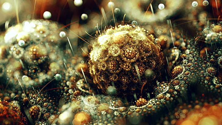 brown and black flower, fractal, abstract, digital art, bubbles, sphere, 3D, HD wallpaper