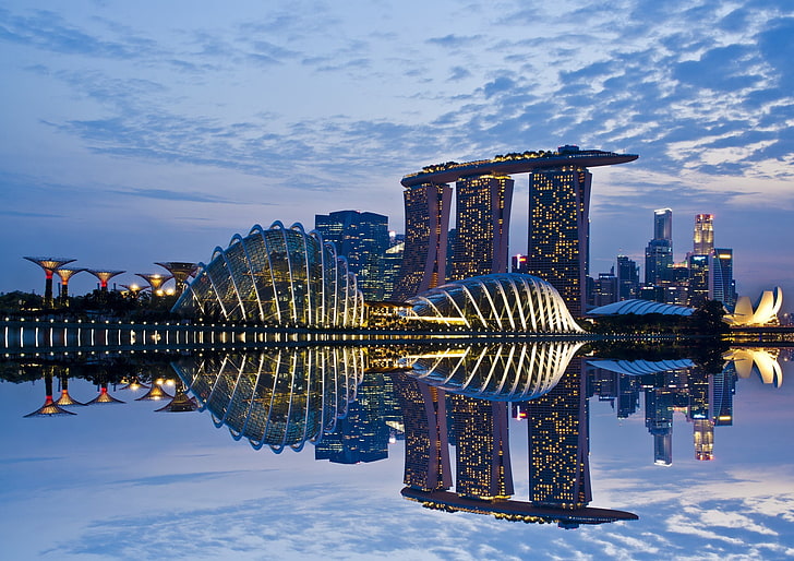 panoramę miasta, pejzaż, architektura, odbicie, Singapur, Marina Bay, Tapety HD