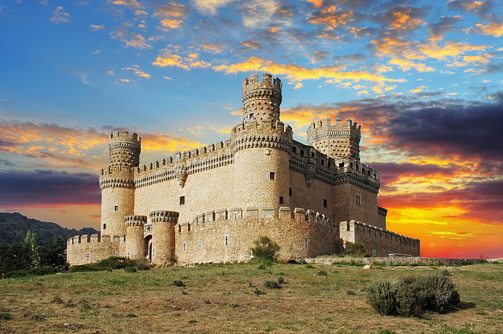 the sky, clouds, sunset, castle, the evening, fortress, Spain, Manzanares el Real Castle, HD wallpaper