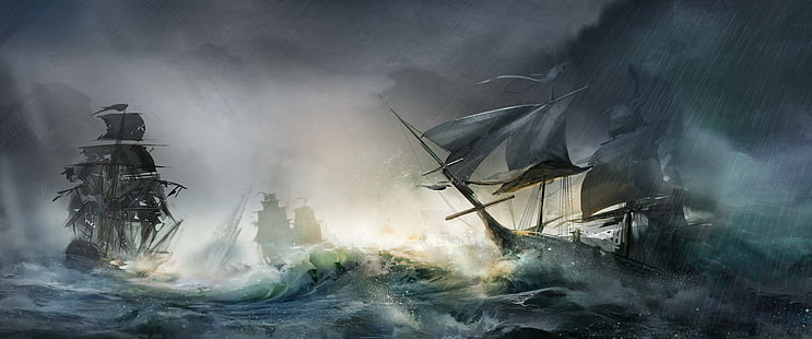 шторм, лес, парусники, морские сражения, HD обои HD wallpaper
