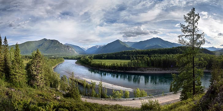 road, forest, mountains, river, valley, Russia, Altay, The Altai mountains, Светлана Крат, Река Катунь, HD wallpaper