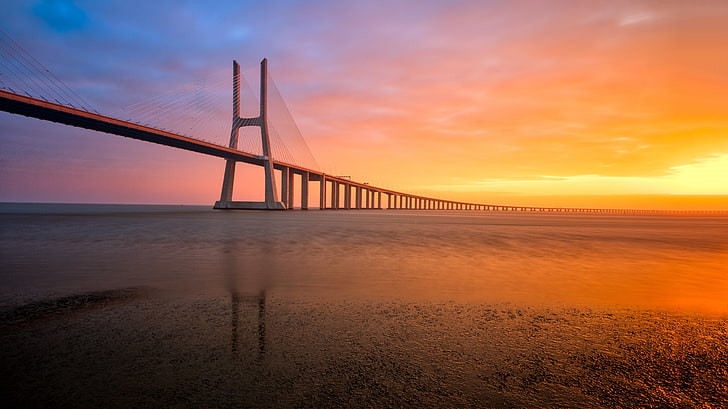 puente gris atirantado, naturaleza, paisaje, puente, Portugal, Lisboa, Fondo de pantalla HD