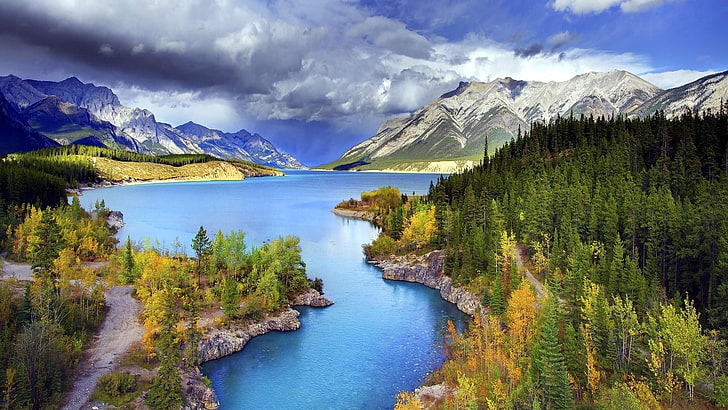 езеро Абрахам, Канада, планина, планинска природа, езеро, природен резерват, небе, размисъл, национален парк, национален парк Банф, вода, катран, фиорд, облак, HD тапет