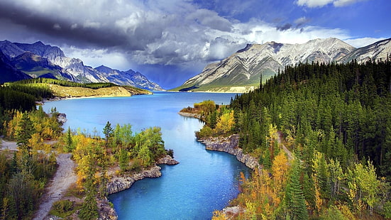 abraham lake, kanada, berg, bergslandskap, sjö, naturreservat, himmel, reflektion, nationalpark, banff nationalpark, vatten, tjärna, fjord, moln, HD tapet HD wallpaper