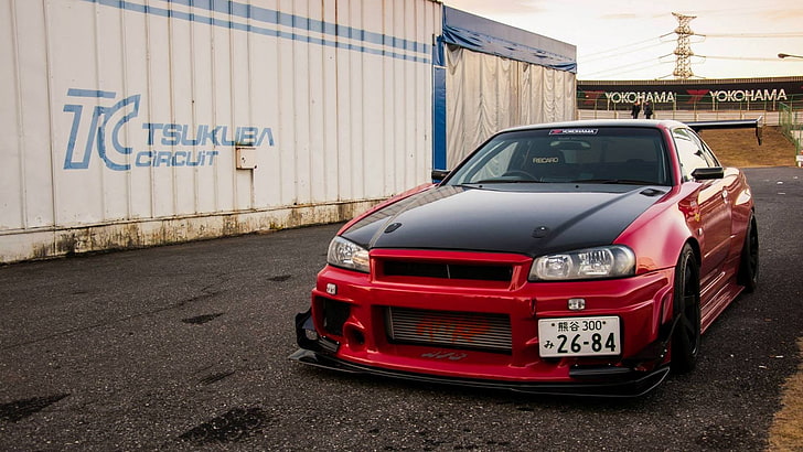 red sports coupe, Nissan Skyline GT-R R34, Nissan Skyline, Nissan, JDM, car, vehicle, red cars, HD wallpaper