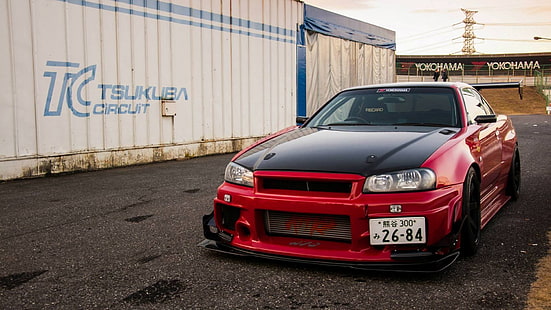 red sports coupe, Nissan Skyline GT-R R34, Nissan Skyline, Nissan, JDM, car, vehicle, red cars, HD wallpaper HD wallpaper