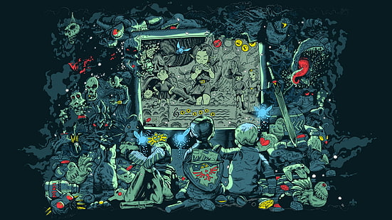 Fondo de pantalla digital de tira cómica, The Legend of Zelda, Link, Princess Zelda, Saria, con marca de agua, Fondo de pantalla HD HD wallpaper