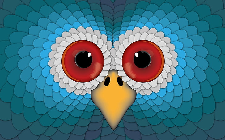 Ilustração abstrata coruja, azul, vermelho, branco e amarelo coruja, 3D, 3D abstrato, abstrato, coruja, HD papel de parede