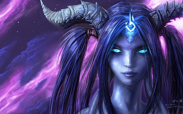 Warcraft、World of Warcraft、青い目、悪魔、Draenei（World Of Warcraft）、顔、ファンタジー、少女、角、女、 HDデスクトップの壁紙