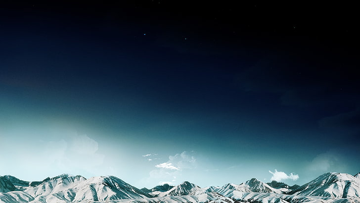 montanha coberta de neve, montanhas, neve, pico nevado, espaço, estrelas, nuvens, HD papel de parede
