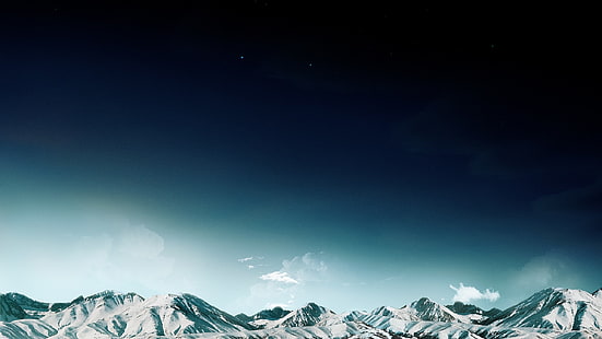 montanha coberta de neve, montanhas, neve, pico nevado, espaço, estrelas, nuvens, HD papel de parede HD wallpaper