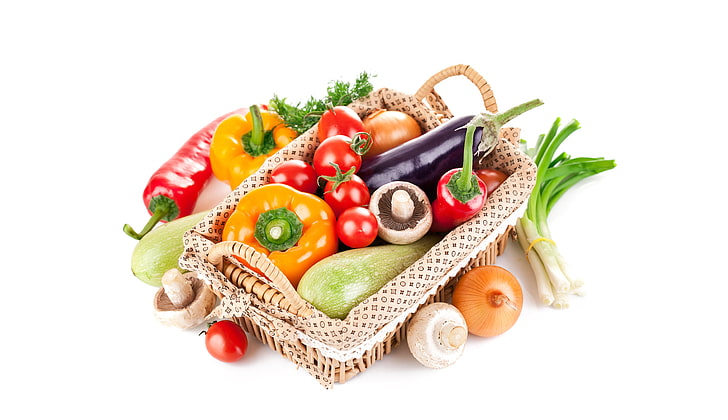 果物と野菜の盛り合わせ、バスケット、弓、ナス、コショウ、トマト、マッシュルーム、ズッキーニ、 HDデスクトップの壁紙