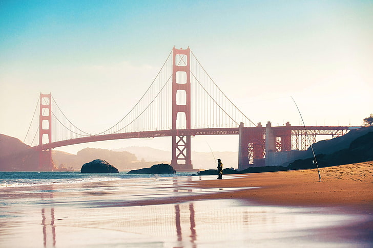 جسر البوابة الذهبية ، جسر البوابة الذهبية ، سان فرانسيسكو ، الجسر ، الصيد ، الشاطئ، خلفية HD