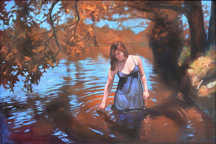 woman in river and maple tree painting, women, artwork, HD wallpaper