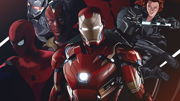 Civil War, 4K, Team Iron Man, Iron Man, War Machine, Vision, Spider-Man, Superhéroes, Black Widow, Black Panther, Marvel Comics, Fondo de pantalla HD