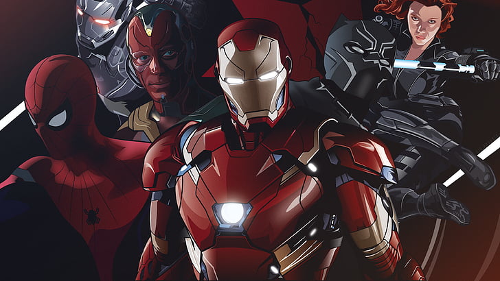 Team Iron Man, Civil War, Spider-Man, War Machine, Vision, Iron Man, Black Panther, Black Widow, Marvel Comics, Superheroes, HD, 4K, HD wallpaper