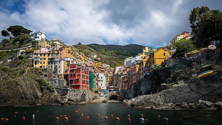 sea, coast, building, Italy, The Ligurian sea, Riomaggiore, buoys, Cinque Terre, Liguria, Ligurian Sea, HD wallpaper