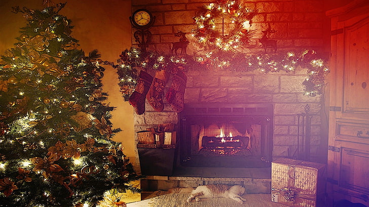 black fireplace, Christmas, fireplace, cat, lights, interior, clocks, HD wallpaper