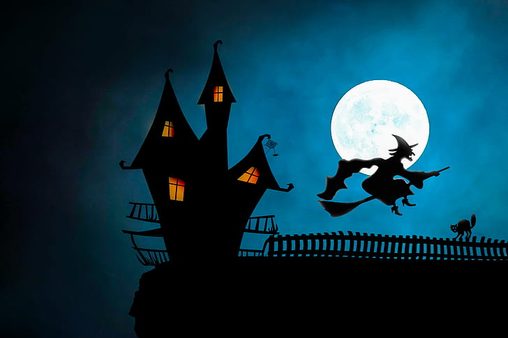 night, Halloween, witch, broom, HD wallpaper