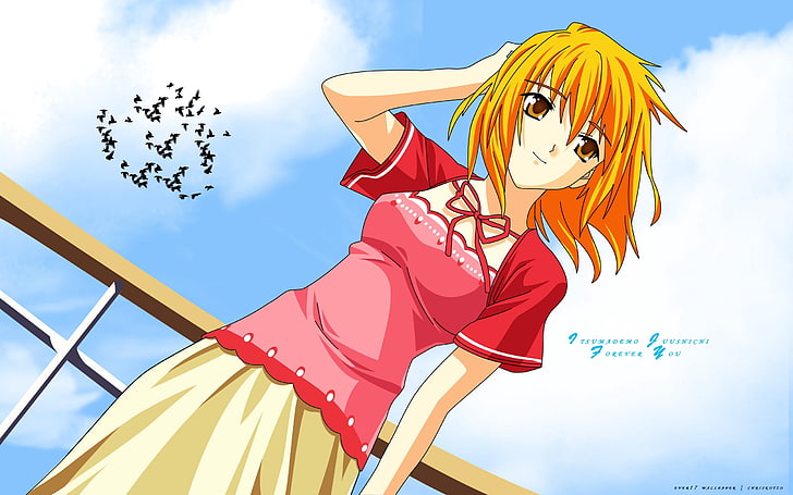 personaje de anime de chica de pelo amarillo, chica, rubia, linda, caminando, pájaro, Fondo de pantalla HD